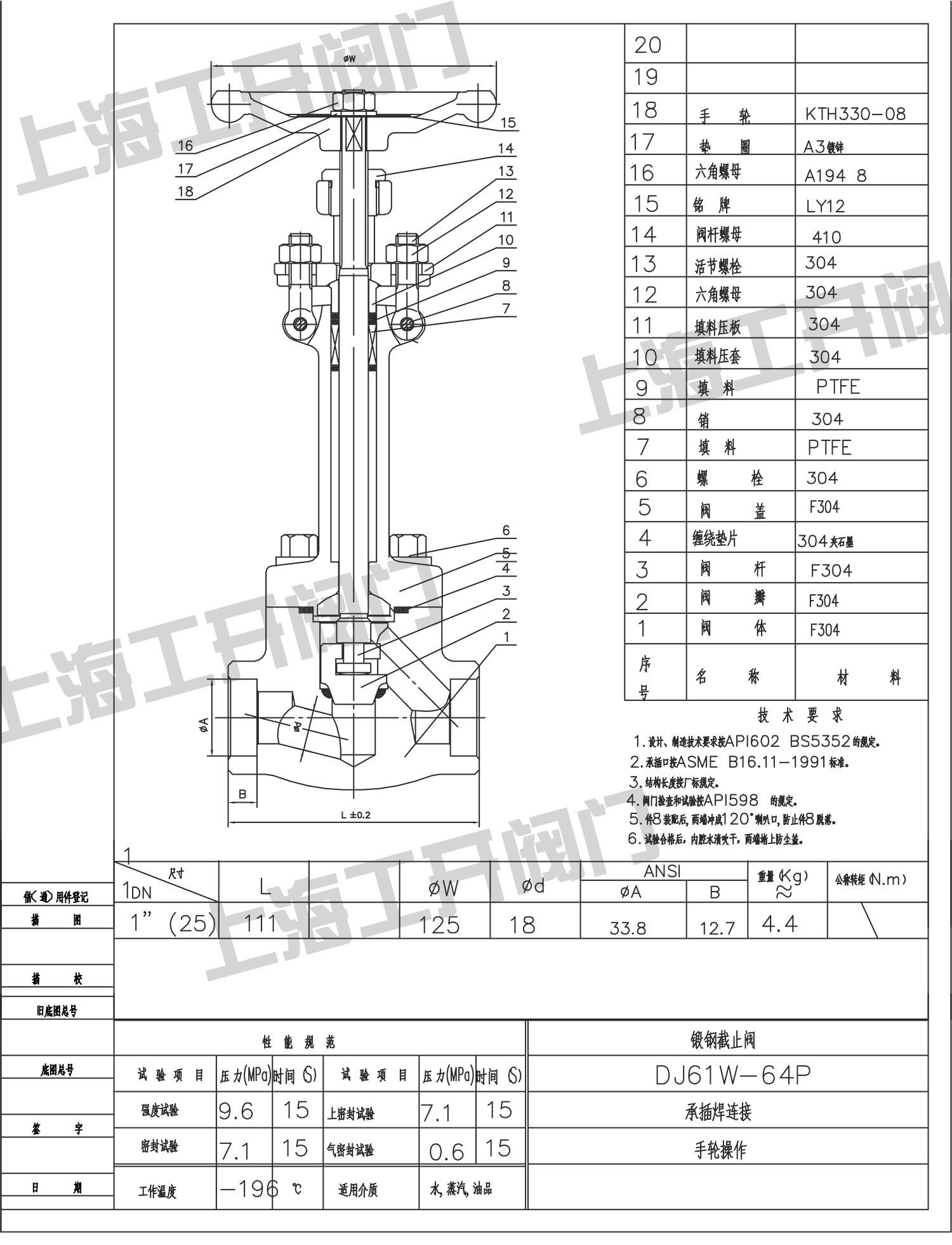 DJ61W-64P-DN25低温锻钢截止阀图纸